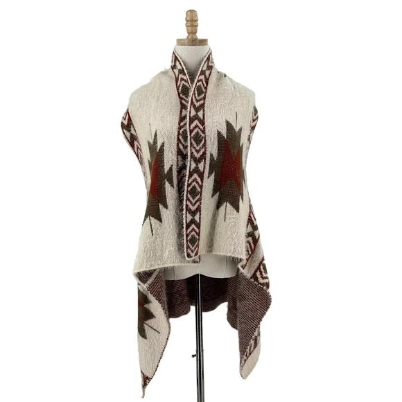 Unbranded Sweaters - Womens Aztec Open Poncho Vest One Size Eyelash Asymmetrical Southwest Boho Fuzzy